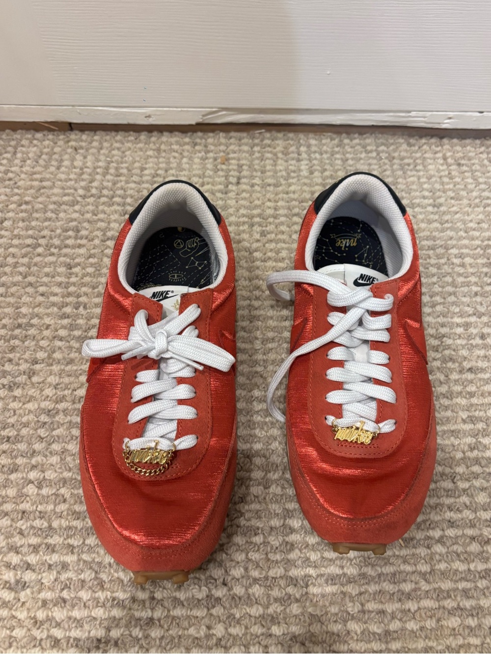 Nike Red Satin Trainers with White Laces and Gold Lace Charms